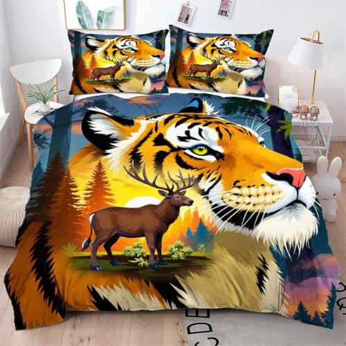 Gumntun Bettwäsche 155×220 cm Tier Tiger Elch, 3D Flauschige Microfaser Bettbezug Sets, 3 Teilig Bettwäsche-Set mit Reißverschluss für Zimmer Dekor, Geschenk_B1149
