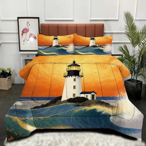 Gumntun Bettdecke 220×240 cm Oranger Leuchtturm Ozean, Weiche Doppelbett Steppdecke für Normal Temperierte Schlafzimmer, 3-Teilig Bettwäsche (1 Decke 220×240 cm + 2 Kissenbezüge 80×80 cm)_B2064