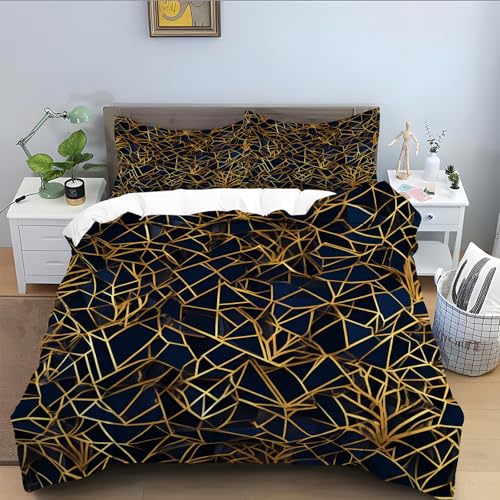 Bettwäsche 135x200 Kinder für goldene Linien,Blau Bettbezug 3 Teilig, Mikrofaser Bettwäsche-Set Atmungsaktive, Bettbezüge mit Reißverschluss Schließung und 2 Kissenbezug 80x80 cm-Blau A324