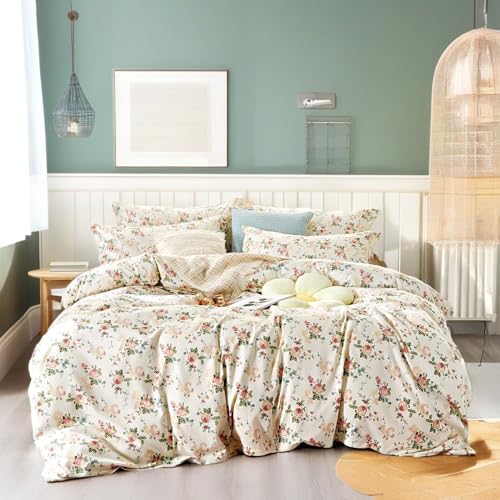 Boqingzhu Baumwolle Bettwäsche 135x200cm Blumen Rosa Rose Beige Weiß Aesthetic Vintage Landhausstil Bettwäsche Set Blumenmuster Blümchen Floral Bettbezug und Kissenbezug 80x80cm