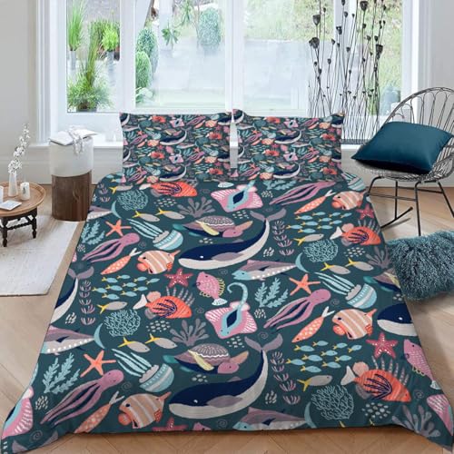 MOXINO 3D Maritime Bettwäsche 135x200 cm 2teilig Delfine Fische Bettwäsche für Kinder Leicht Mikrofaser Bettbezug Sommer Weiche Bettbezüge mit Kissenbezüge 80x80?Muster 138-5?