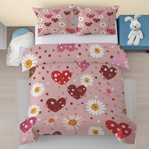 Generisch Herzen Blumen Bettwäsche 200x220, Gänseblümchen Punkte Muster Bettwäsche Set 3 Teilig, Mädchen Kinder Weich Mikrofaser Bettbezug mit Reißverschluss und 2 Kissenbezüge 80x80 hHj-152