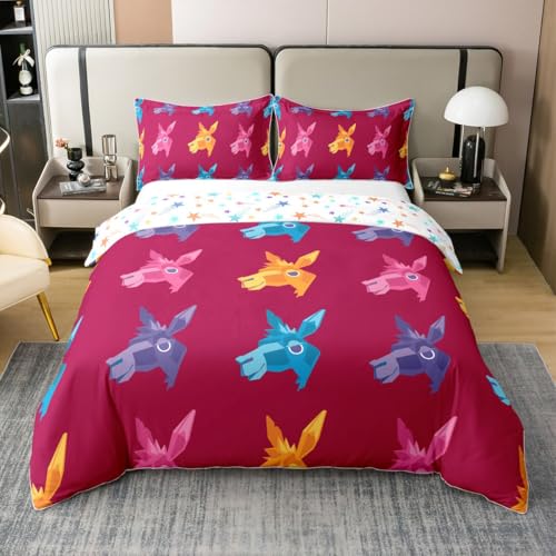 Loussiesd Pferd 100% Baumwolle Bettwäsche Set 200x200cm Kinder Cute Tiere Bettbezug Kawaii Pferdefreunde Motiv Betten Weinrot