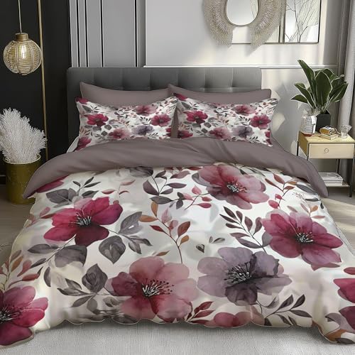 DACRWEKZ Bettwäsche 3teilig Bettbezug - Bettwäsche-Sets220×240 cm Set mit 2 Kissenbezüge 80x80cm, Mikrofaser mit Reißverschluss Weich und Bügelfrei, weinrot - Aquarell Pflanzen rote Blumen