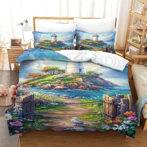 EMYXPAQM Küstenleuchtturm Bettwäsche 3-TLG. Weiche Mikrofaser Insel-Leuchtturm 3D Bettbezug-Set Mit Reißverschluss Kissenbezug Für Erwachsene Kinder Single?140x200cm?