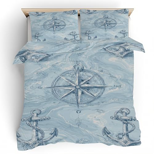 Generisch Kompass Anker Bettwäsche, Retro Nautisch Microfaser Bettwäsche Set Bettbezug Reißverschluss Bettwaesche, Weich Wende Deckenbezug 200x200 3teilig & 2 Kissenbezügen 80x80 A1