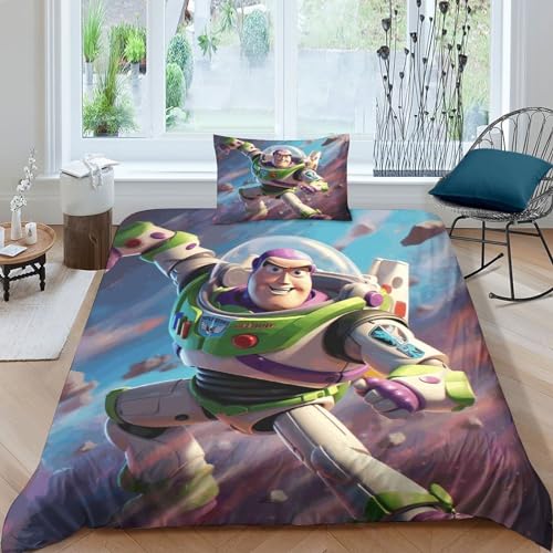 HITBOD Buzz Lightyear Bettwäsche 3D Bettwäsche Mit Reißverschluss Und Kissenbezug Schlafkomfort Microfaser Toy Story Bettbezug Set 3-teilig Single?135x200cm?