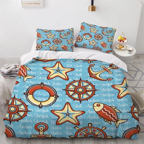 Generisch 3D Seestern Bettwäsche 135x200 cm 2teilig Anker Fisch Bettbezug mit Reißverschluss 100% Mikrofaser Leicht Atmungsaktive Bettwaren Set mit Kissenbezüge 80x80?Muster 64-2?