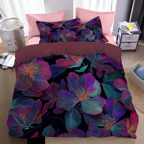 WunM Studio Bettbezüge 200 * 200cm 3er Set mit Elegante Blumen in Neontinte Muster, Bettwäsche-Sets 200 * 200cm aus Mikrofaser mit Reißverschluss Weich und Bügelfrei,Neonleuchten