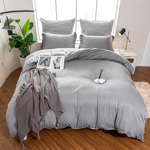 Amolavet Bettwäsche 200x200 3 teilig Set Hotel Streifen Grau mit Reißverschluss für Doppelbett Hotel Bettwäsche 200x200 Mako Satin Damast Streifen Mikrofaser für Ganzjährig Warm Weich Bügelfreie
