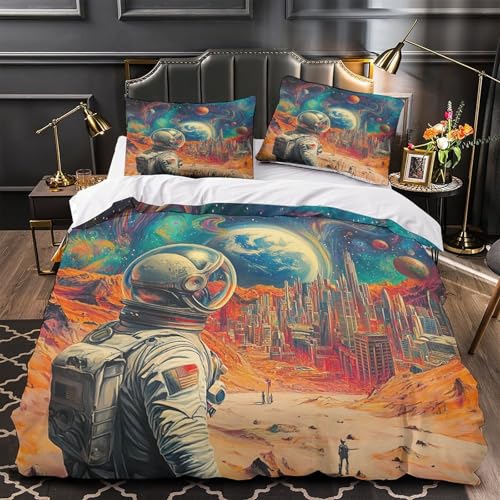 VWENOLRIX Weltraumansicht aus der Perspektive eines Astronauten 3D Bedruckt Bettbezug 3teilig Mikrofaser farbbeständig Deckenbezug 2 Kissenbezüge hautfreundlich Kinder Mädchen Super King?260x220cm?