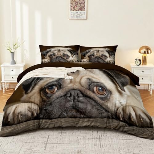 Bettwäsche-Set 135 x 200 cm wendbare Bettbezüge Niedlicher, realistischer Mops Polyester-Baumwoll-Mischg ewebe Bettbezug Set für Jungen Mädchen Jugendliche Kinder Beige