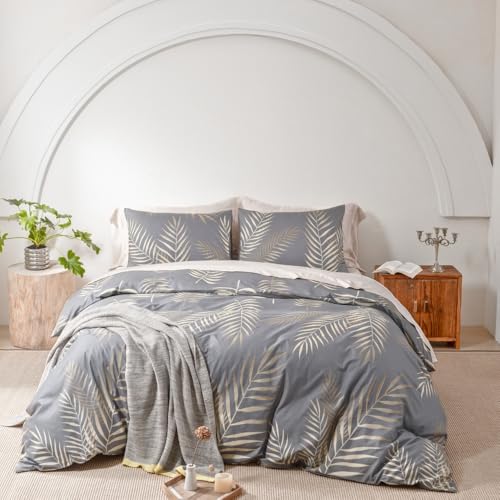 Nayoroom Bettwäsche 140x200 Grau Gold Tropisch Palmenblätter Modern Bettbezug 2teilig Blätter Muster Renforce Microfaser Botanisch Wendebettwäsche Set mit Reißverschluss and Kissenbezug 70x90 cm