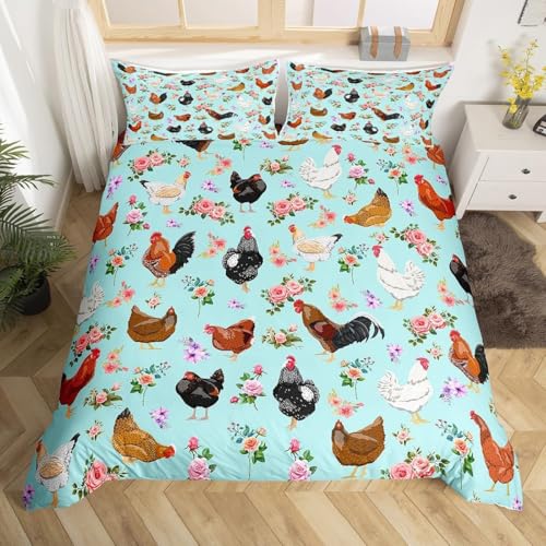 Homemissing Hen Hahn Drucken Bettwäsche Set 220x240cm Bauernhaus Tiere Bettbezug Set Kinder Jungen Mädchen Teens Zimmer Dekor Hühnchen Bettwäsche-Set Floral Rose Muster Bettbezug mit Reißverschluss