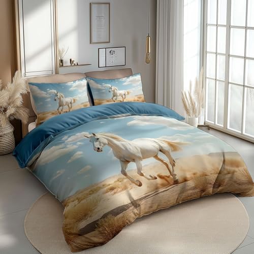 CozyRest Bettwäsche Set 155 x 220 cm Wende Bettbezug Set, Himmelblau, Laufendes weißes Pferd anmutige Bewegung, Weiche Vier Jahreszeiten Bettbezug mit Reißverschluss und 80x80cm Kissenbezug CozyRest Bettwäsche Set 155 x 220 cm Wende Bettbezug Set, Himmelblau, Laufendes weißes Pferd anmutige Bewegung, Weiche Vier Jahreszeiten Bettbezug mit Reißverschluss und 80x80cm Kissenbezug