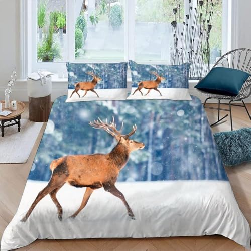 Bettwäsche 140x200 Elch 3D Druck Bettbezug 140x200 Winterschneeszene Bettwäsche-Sets Weiche Mikrofaser Bettwäsche Set 3 Teilig Bettbezüge für Einzelbett mit 2 Kissenbezüge I-1053