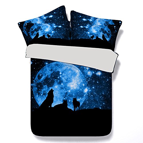 Bettbezug Set 135x200cm 3D Tier Tiger Zebra Wolf Katze gedruckt Bettbezug mit Kissenbezügen Soft Polyester Microfaser Bettwäsche Set für Kinder, Jungen, Mädchen (Blauer Stern Wolf)