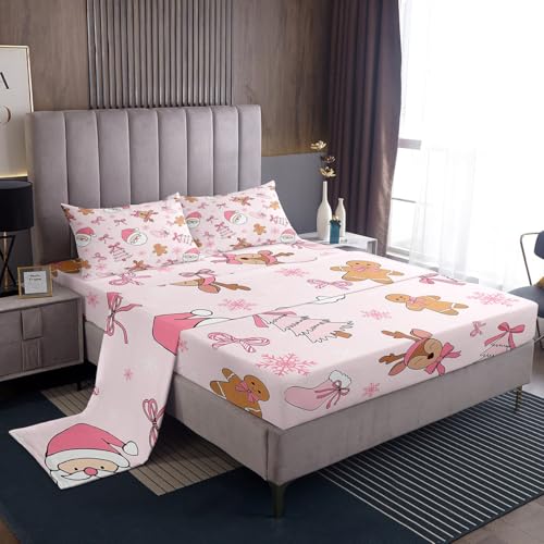 Kinder-Bettwäsche-Set, Motiv: Frohe Weihnachten, Schneemann, 40,6 cm tiefe Tasche für Jungen und Mädchen, Schlafzimmer, Dekoration, Weihnachtsmann, Spannbetttuch mit 2 Kissenbezügen, weiche Mikrofaser