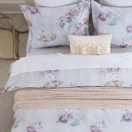 DAUAOTO Gemustertes Bettwäsche-Set für King-Size-Betten: 264,2 x 228,6 cm Bezug + 2 Kissenbezüge, 100 % Baumwolle, bedrucktes Bettwäsche-Set, Blumenmuster, Hortensien, Grau-Flieder