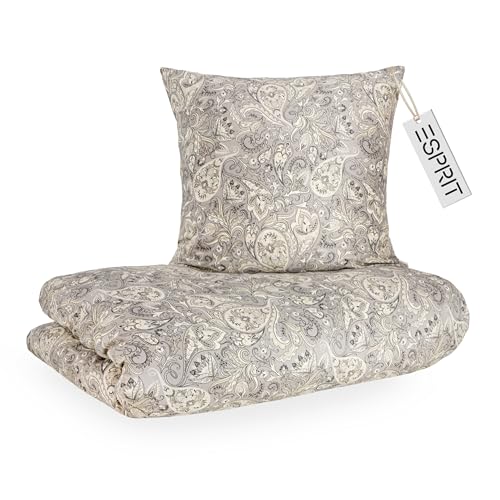 Esprit Satin Bettwäsche 135x200 Baumwolle grau - Boho Paisley Bettbezug + Kopfkissenbezug 80x80cm - Luxus Bettwäsche Set 2 teilig in Hotelqualität mit Reißverschluss - Duvet Cover Herbst Öko-Tex