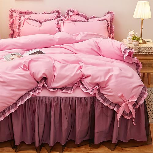 GETIYA Mädchen Bettwäsche 135x200 Rüschen Bettwäsche Rosa Hellrosa Damen Bettbezug mit Schleife Weich Mikrofaser Bettwäsche Zweiteilig Rüschen Deckenbezug Unifarben mit 1 Kissenbezug 80x80