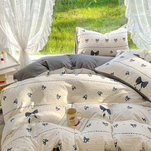 Covebett Bettwäsche 135x200 Weiß Schwarz Schleifen Blumen Aesthetic Bettwäsche Set Kawaii Schwarze Schleifenmuster Renforcé Microfaser Wende Bettbezug mit Reißverschluss und Kissenbezug 40x80cm