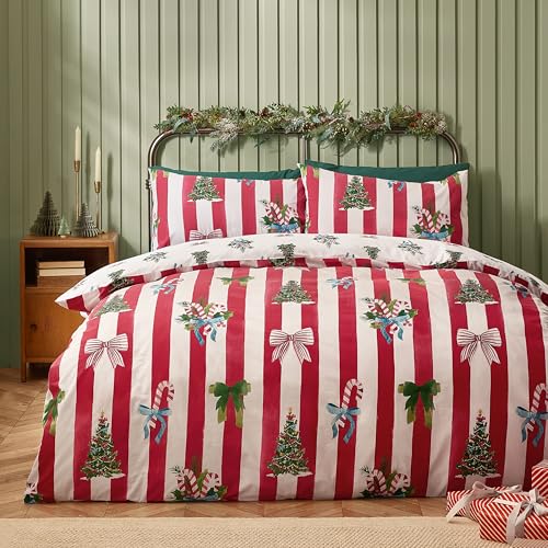 Catherine Lansfield Wende-Bettwäsche-Set mit Kissenbezügen, Weihnachtsstreifen, Rot Catherine Lansfield Wende-Bettwäsche-Set mit Kissenbezügen, Weihnachtsstreifen, Rot