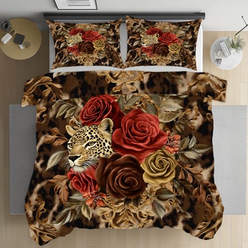 Kioldoq Rose Tier Bettwäsche Mit Reißverschluss, Blumenmuster Botanisch Bettbezüge 155 X 220 cm, Wildtiere Leopard Wendebettwäsche Microfaser 3 Teiliges, Bettwäsche Bügelfrei Und Kissenbezug 80x80 cm