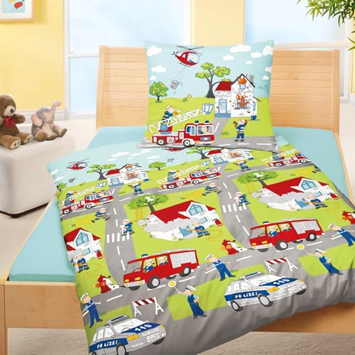 JACK Bierbaum Kinder Biber Bettwäsche 2 TLG. 135x200cm Dinosaurier Pferde Astronaut Bauernhof Einhorn Fußball Baustelle, Farbe:Feuerwehr