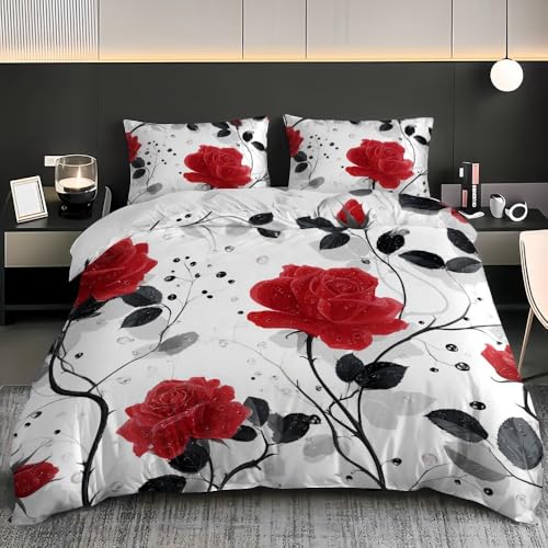 Bettwäsche-Sets Weiß Bettbezug 180x200 cm, Weiche Bügelfrei Mikrofaser Bettbezüge Set mit Reißverschluss und 2 Kissenbezüge, Romantisches Thema Mit Roten Rosen Bettbezug 3-Teilig für Erwachsene