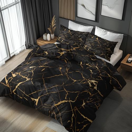 Generisch Bettwäsche 140x200 Schwarzer Marmor - Schlafzimmer Deko Bettbezug 140 x 200 2tlg Goldener Glitzer Modern Muster, 1 Kissenbezug 70x90, mit Reißverschluss, Weich Mikrofaser FO&130