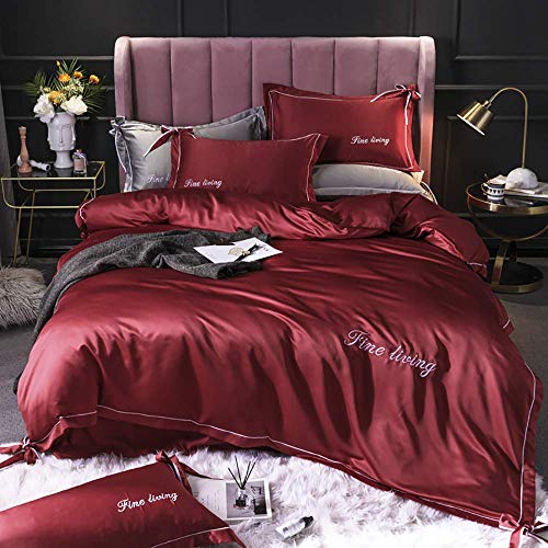 GLJTUO Seidenbettwäsche-Sets King Size, Bettbezug Doppelbett Graue Seide, Bettwäsche-Sets Bettbezug-Sets King Size Luxus Vollsatin-Seide Weiche Seidige Marineblau Weiß 4-Teilig,Red-Double