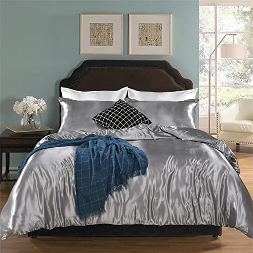 Freyamy Bettwäsche Set 200x200cm 3teilig Grau Satin Glatt Glänzend Luxus Bettwäsche Uni Seide Bettwäsche Sommer Kühlender Bettwaren-Sets Bettbezug mit Reißverschluss und 2 Kissenbezug 80x80cm