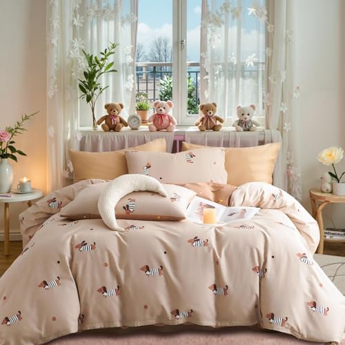 Tospass Baumwolle Bettwäsche Set 135x200cm Khaki Bunt Dackel Mädchen Wendebettwäsche Dachshund Teen Kinder Deckenbezug Hundemuster Bettbezug mit Reißverschluss und Kissenbezug 80x80cm