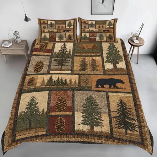 Generisch Kiefer Bettwäsche 135x200, Bär Wendebettwäsche, Landhaus Motiv Bettbezug mit Reißverschluss, Weiche Mikrofaser Bettwäsche Sets 2 Teilig mit 1 Kissenbezug 80x80 C99m