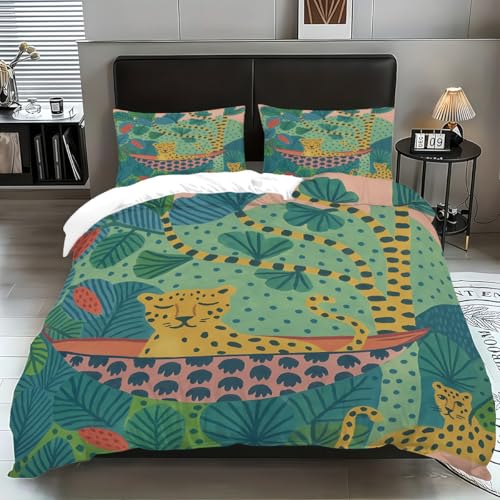 Aegydalo Bettwäsche Set 200x200cm Cartoon-Leopard Kinder Mädchen Jugendliche Schlafzimmer Bettbezug Set Mikrofaser Bettbezug mit Reißverschluss und 2 Kissenbezug 80x80cm,3 Teilig