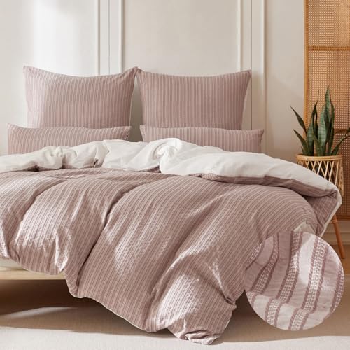 SOULFUL Bettwäsche 155x220 Baumwolle Gestreift, Jacquard Textur Bettwäsche-Set Enthält 1 Bettbezug 155x220 und 1 Kissenbezug 80x80, Bequem und Atmungsaktiv, Öko-Tex 100 Zertifiziert, Staubiges Rosa