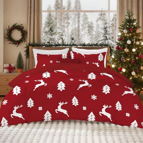 Nyescasa Bettwäsche Weihnachten 135x200 Rot Weiß Rentier Schneeflocke Muster Wende Bettwäsche Weihnachten Kinder Weich Microfaser Winter Bettbezug mit Reißverschluss und Kissenbezug 80x80cm