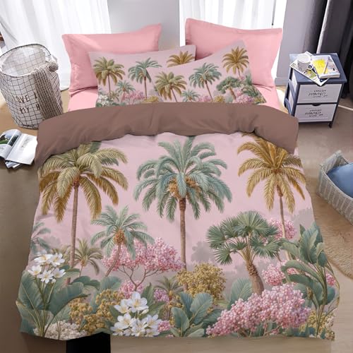Bettwäsche 200*200cm Hellrosa Dschungelpalmenblätter Bettbezug Set 3 Teilig Vintage Luxuspflanzen Blümchen Blumenmuster Weich Bettwäsche-Sets mit 2 Kissenbezüge 80x80 cm und Reißverschluss