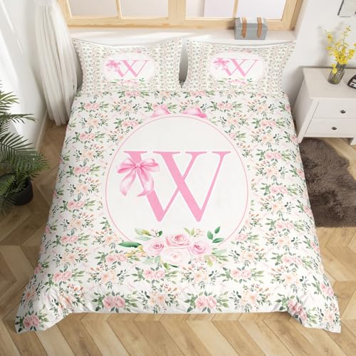 Homewish Buchstabe W Bettwäsche 135x200cm Band Bow bettbezug set für Jugendliche kinder,Mädchen Frauen Floral Drucken Coquette Prinzessin Bettwäscheset Kawaii Band Bow Rose Girly Süß bettset raumdekor