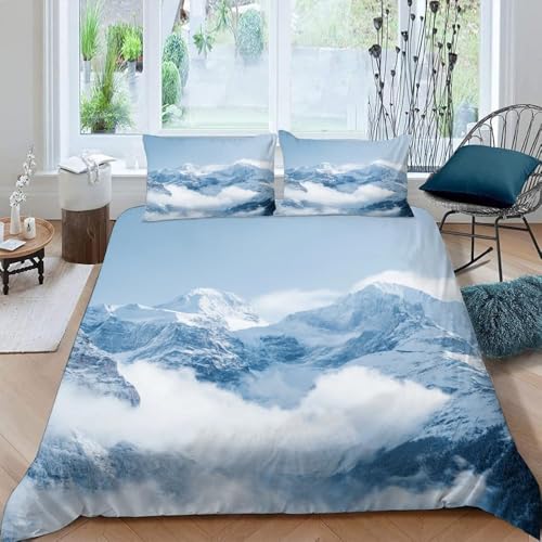 Bettwäsche 200x200 Schneebedeckte Berglandschaft Bettwäsche-Sets Atmungsaktive Angenehme Bügelfrei Microfaser 3D Bettbezug Hellblau mit Reißverschluss und 2 Kissenbezüge b-3904