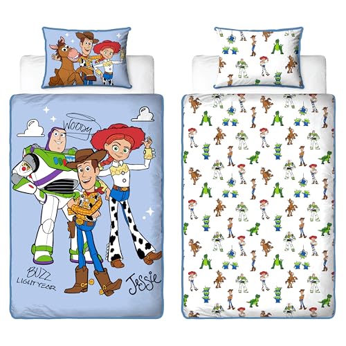 Disney Toy Story Offiziell Lizenziertes Kinder-Einzelbettwäsche- Set | Wendbares, beidseitiges Bettwäsche-Set mit passendem Kissenbezug | Design „Explore“ mit Buzz, Woody, Jessie | Polycotton