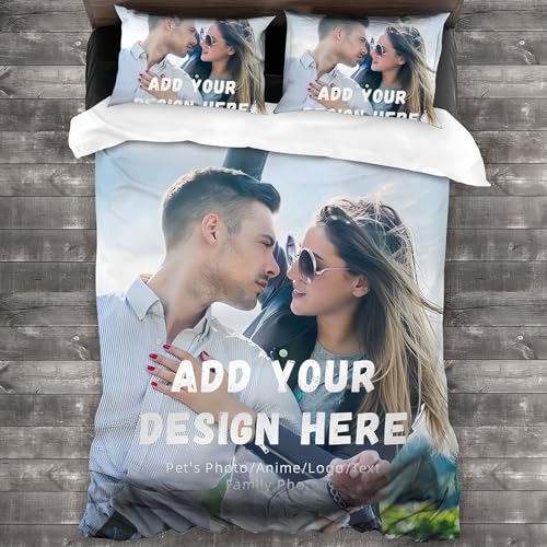 Kitlay Bettwäsche Personalisiert Foto Bettbezug, Individueller Dreiteiliges Set mit jedem Foto/Text/Logo, individuelles Bettwäsche Set, unvergessliches Geschenk für Familie (200 × 200 cm)
