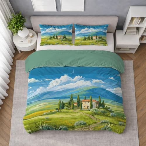 Landhaus Bettwäsche 180 x 200 cm, Toskana Landschaft Sonnig Bettwäsche-Set Robusten Weich und Bügelfrei Mikrofaser, Himmelblau Wendbar Bettbezug mit 2 Kissenbezüge für Gaming-Zimmer Zockerzimmer