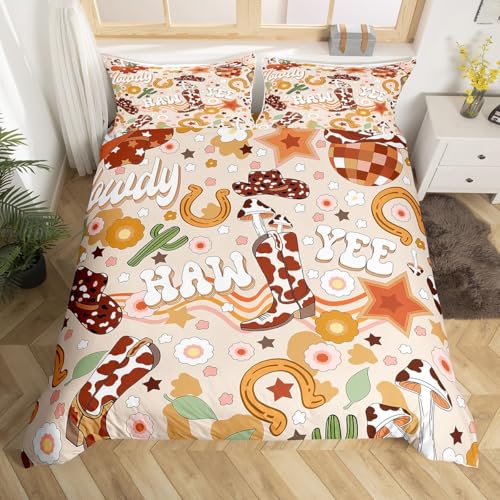 Homewish Cowgirl Süß Bettwäscheset 135x200cm (Beige Braun) Country Western bettbezug für Kinder Mädchen Teens Cowboys Stiefel Teenager Bettwäsche Floral Kaktus Pferdeschuhe bettset weich raumdekor