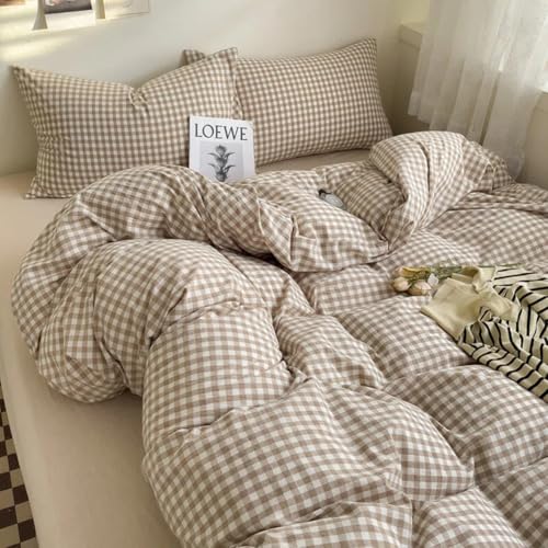 Covebett Bettwäsche 135x200 Braun Weiß Kariert Karo Muster Modern Bettbezug Set Landhausstil Geometrisch Karomuster Renforce Gewaschene Microfaser Deckenbezug und Kissenbezug 80x80 Reißverschluss