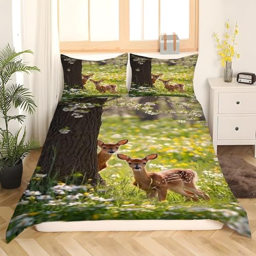 Hirsch Bettwäsche 135x200 Waldtiere 3D Bettbezug Weich Mikrofaser Bettwäsche-Sets 3 Teilig mit 2 Kissenbezüge 80x80 für Mädchen Jugendliche Einzelbett z.2407