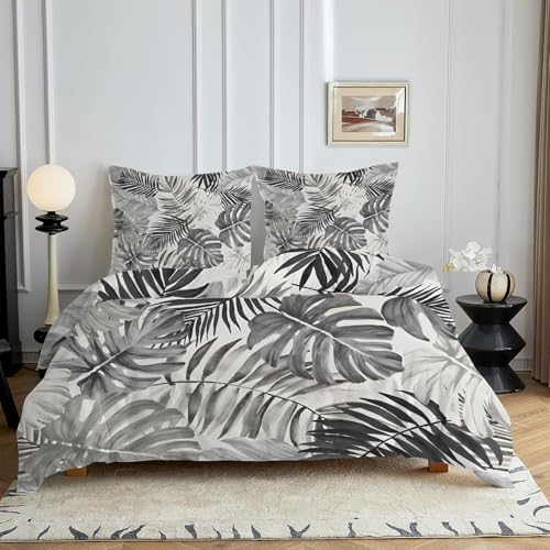 HYSNKSM Bettwäsche 200x200 Grau Bettwäsche Sets 3Teilig Mikrofaser Bettbezug 200 x 200 und 2 Kissenbezug 80x80 cm Kuschelige Bettbezüge Pflanzen Im Landhausstil mit Reißverschlusc4250