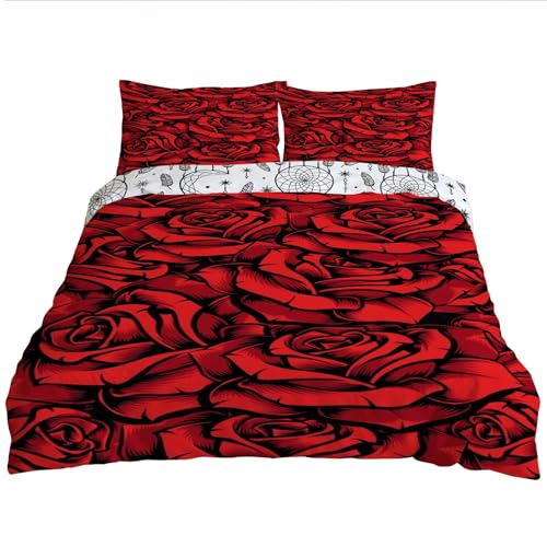 YZQGLHP Bettwäsche 200x200, Romantische Rosen Wendebettwäsche, Rot Motiv Bettbezug mit Reißverschluss, Weiche Mikrofaser Bettwäsche Sets 3 Teilig mit 2 Kissenbezug 80x80
