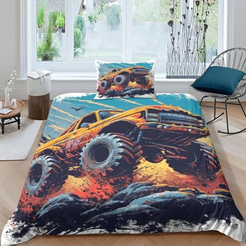 TNFHSOFT Thème Monster Truck Bettwäsche 3D Bettbezug Für Jungen Mädchen 3 Teilig Bettbezüge Atmungsaktive Mikrofaser Baumwolle Deckenbezug Mit Reißverschluss Und Kissenbezug